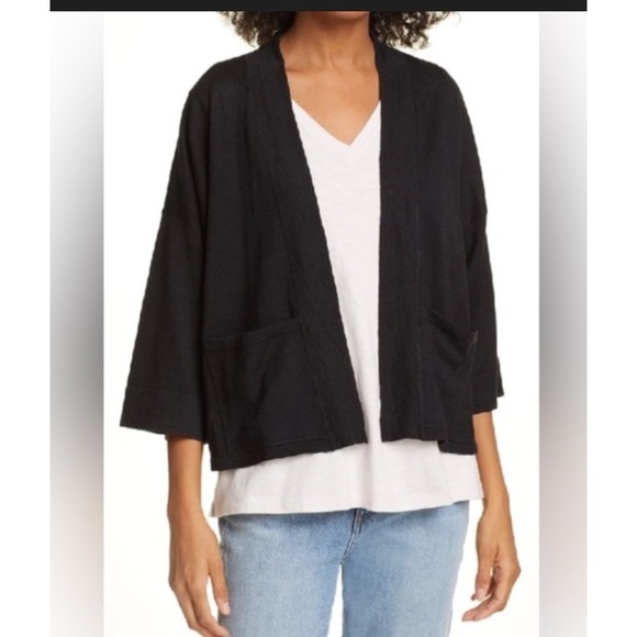 Eileen Fisher Sweaters - NEW Eileen Fisher Organic Linen Crepe Stretch Short Cardigan Black L/XL